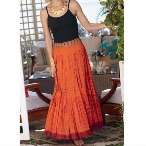 SOFT SURROUNDINGS Orange tie dye embellished waist maxi skirt size S. - Picture 1 of 11